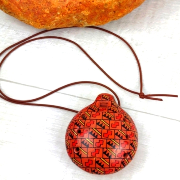 Peruvian Ocarina Clay Crafted Tribal Flute Brown Cord Necklace - Picture 8 of 10
